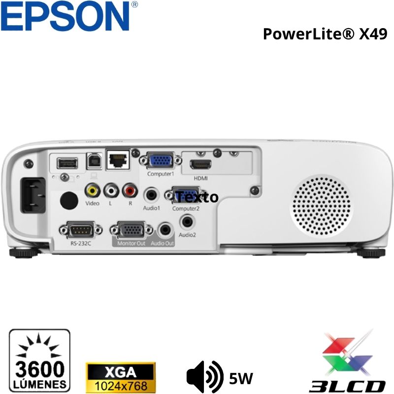 Proyector Epson PowerLite X49, 3600 Lumenes, 1024x768, XGA, Parlante Monoaural: 5W x 1.
