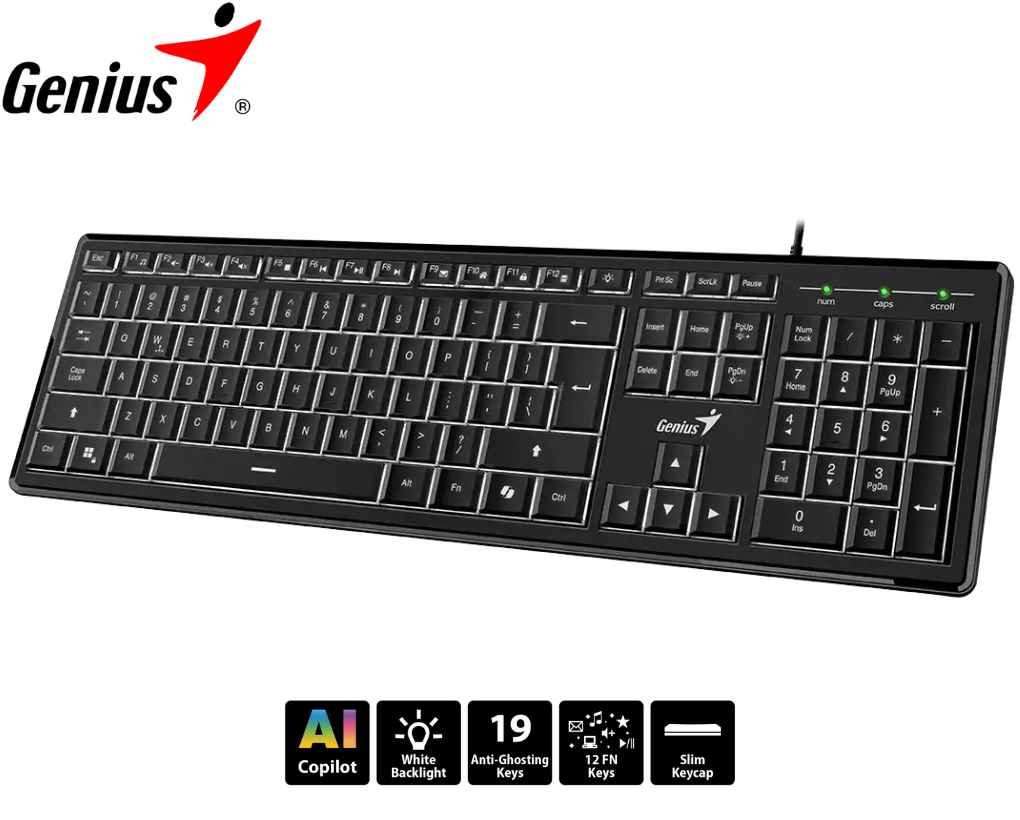 Teclado Genius Slimstar 820, Retroiluminado, AI Copilot,  Usb, Black.