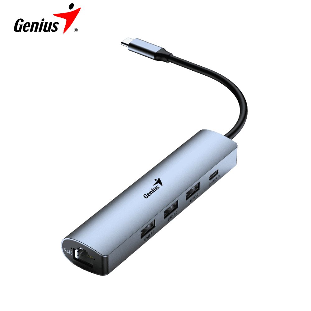 Hub USB-C Genius UH-545, Gigabit Ethernet / 1 USB-C / 3 USB-A 3.0, Silver.