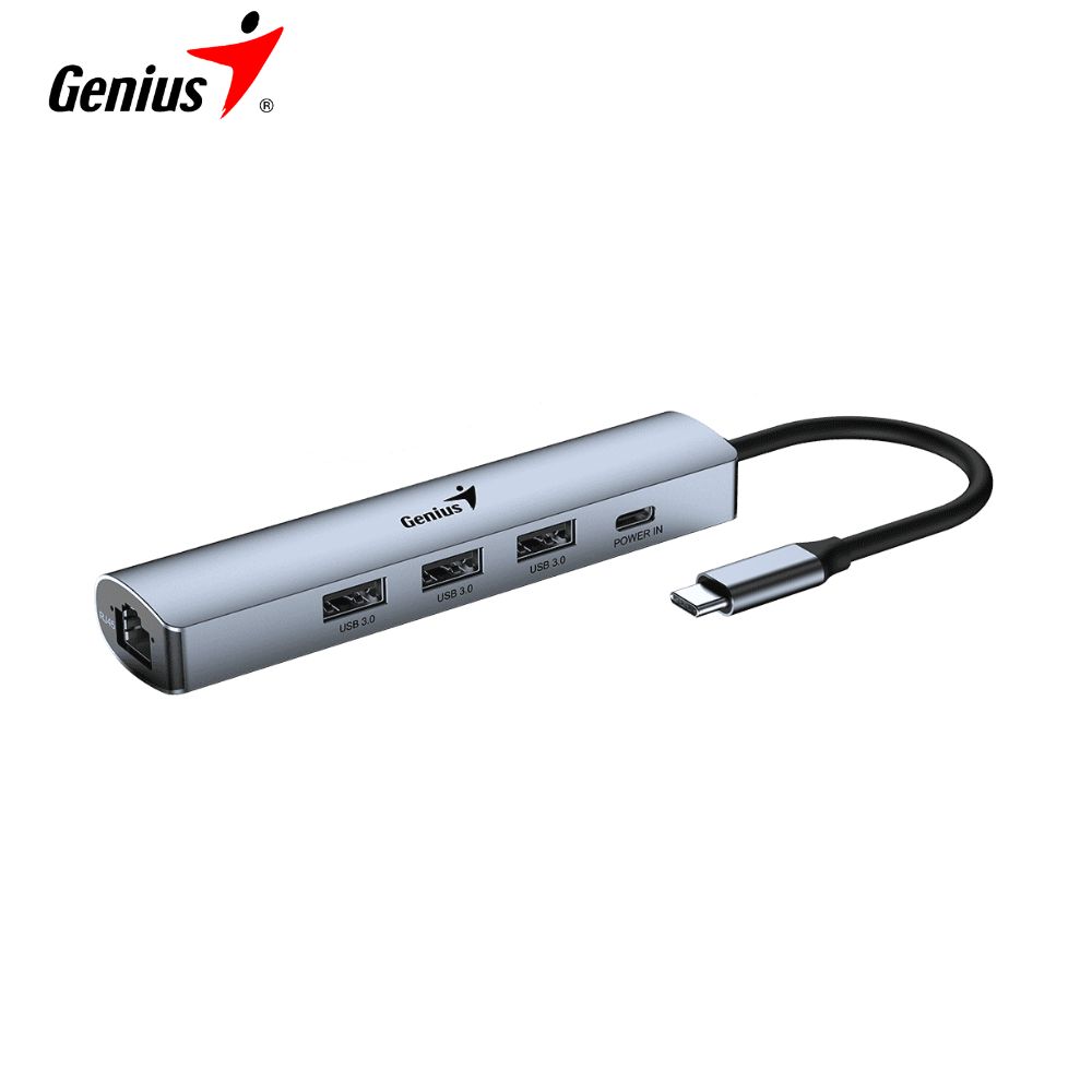 Hub USB-C Genius UH-545, Gigabit Ethernet / 1 USB-C / 3 USB-A 3.0, Silver.