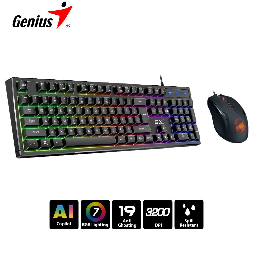 Teclado Genius + Mouse GX Scorpion KM-GX6 AI Copilot Gaming RGB 19 Teclas Anti-Ghosting 3200DPI Black