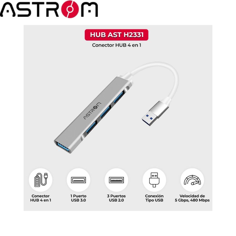 Hub USB 3.0 Astrom H2331, 1Port 3.0, 3Ports 2.0.