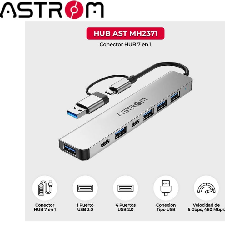 Hub USB 3.0 Astrom MH2371, 2Ports Type-c, 1Port 3.0, 4Ports 2.0.