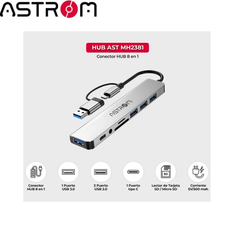 Hub USB 3.0 Astrom MH2381, 1Port Type-c, 1Port 3.0, 4Ports 2.0, SD+mSD, y Audio.