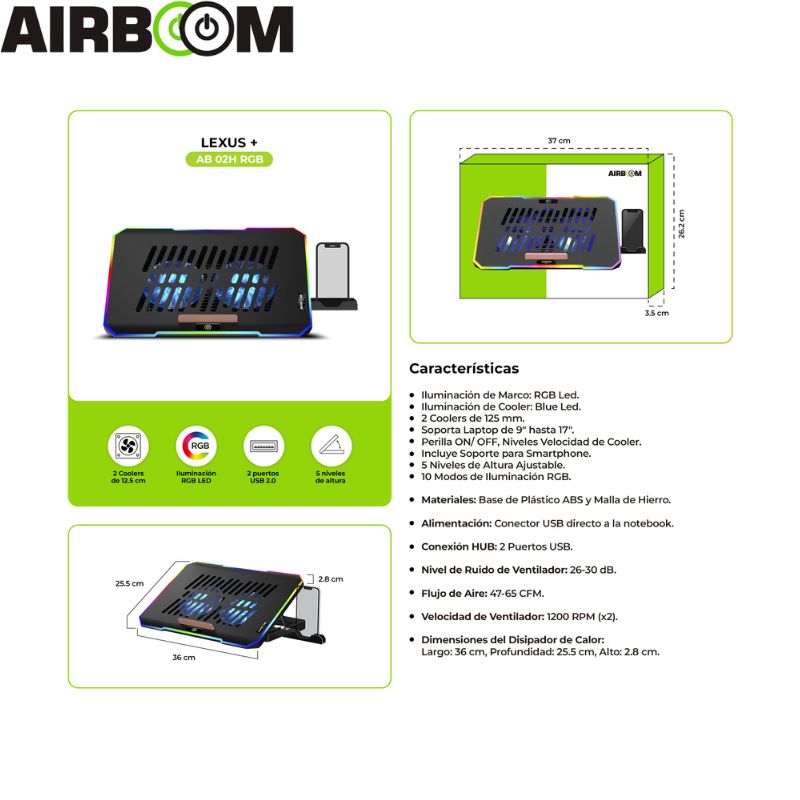 Cooler Para Notebook Airboom LEXUS+, 17&quot;, 2Fan de 12.5cm, Led RGB.