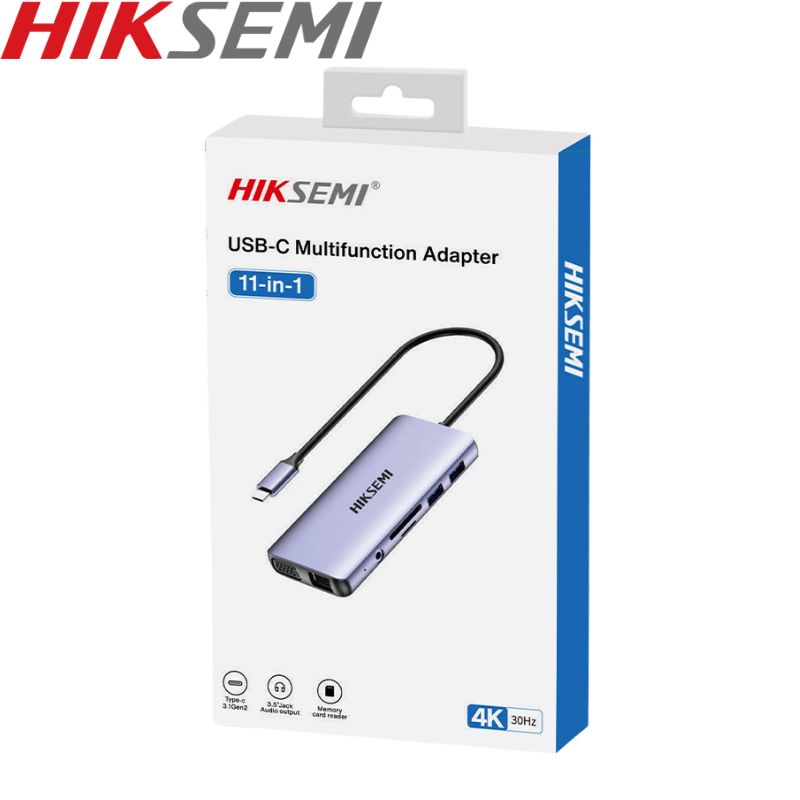 HUB USB-C HikSemi 11-In-1. Audio, SD, 2 USB 3.0, 2 USB 2.0, PD 100w, Micro SD,  VGA, HDMI, RJ45.