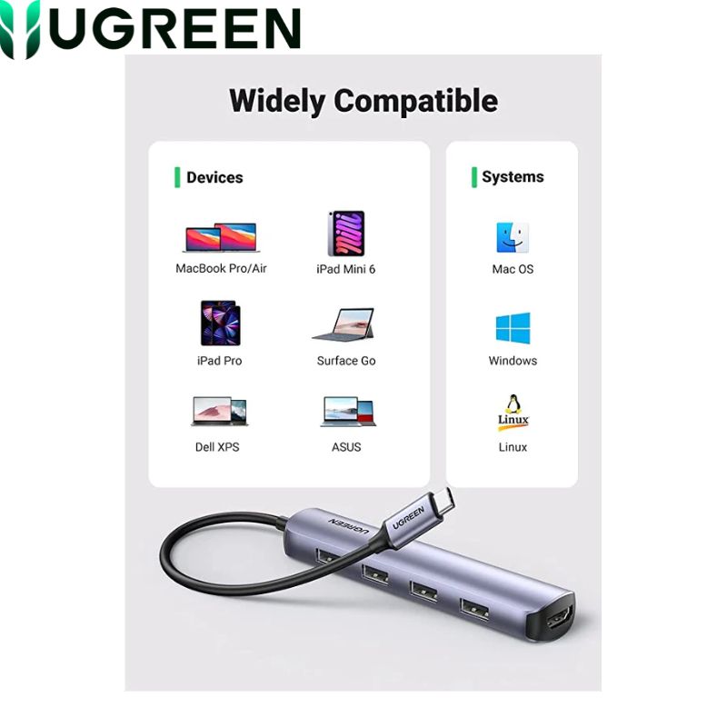 Hub USB-C a 4 USB-A 3.0, 1 HDMI, Ugreen CM417 20197, Silver.