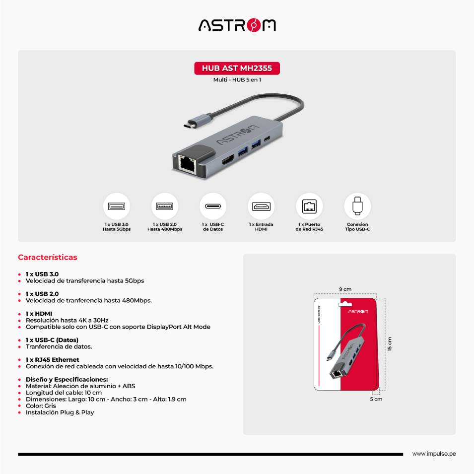 Hub USB 3.0 Astrom MH2371, 2Ports Type-c, 1Port 3.0, 4Ports 2.0.