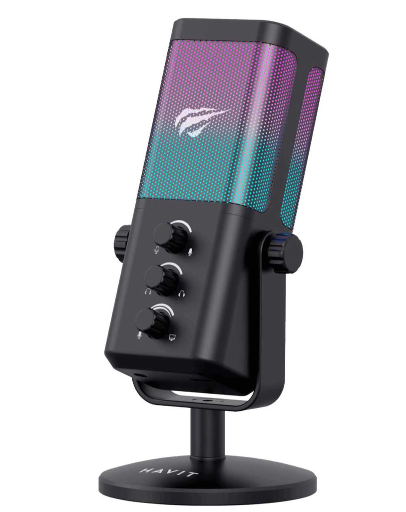 Micrófono Havit GK65, Cardioide, RGB, White, USB.