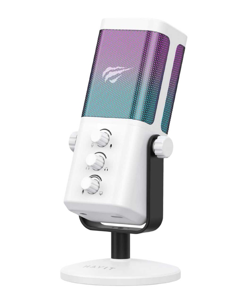 Micrófono Havit GK65, Cardioide, RGB, White, USB.