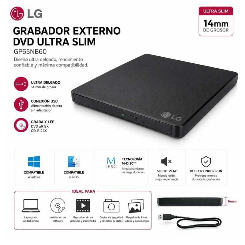 Lectora DVD SuperMulti LG GP65NB60, Externo, 8X, USB 2.0.