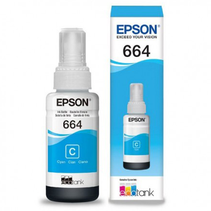 Botella de Tinta Epson T664, Cyan 70ML, (T664220-AL), Caja.
