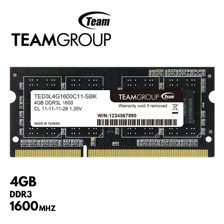 Memoria RAM TeamGroup Elite SODIMM DDR3 4GB DDR3L-1600 MHz, CL-11, 1.35V.