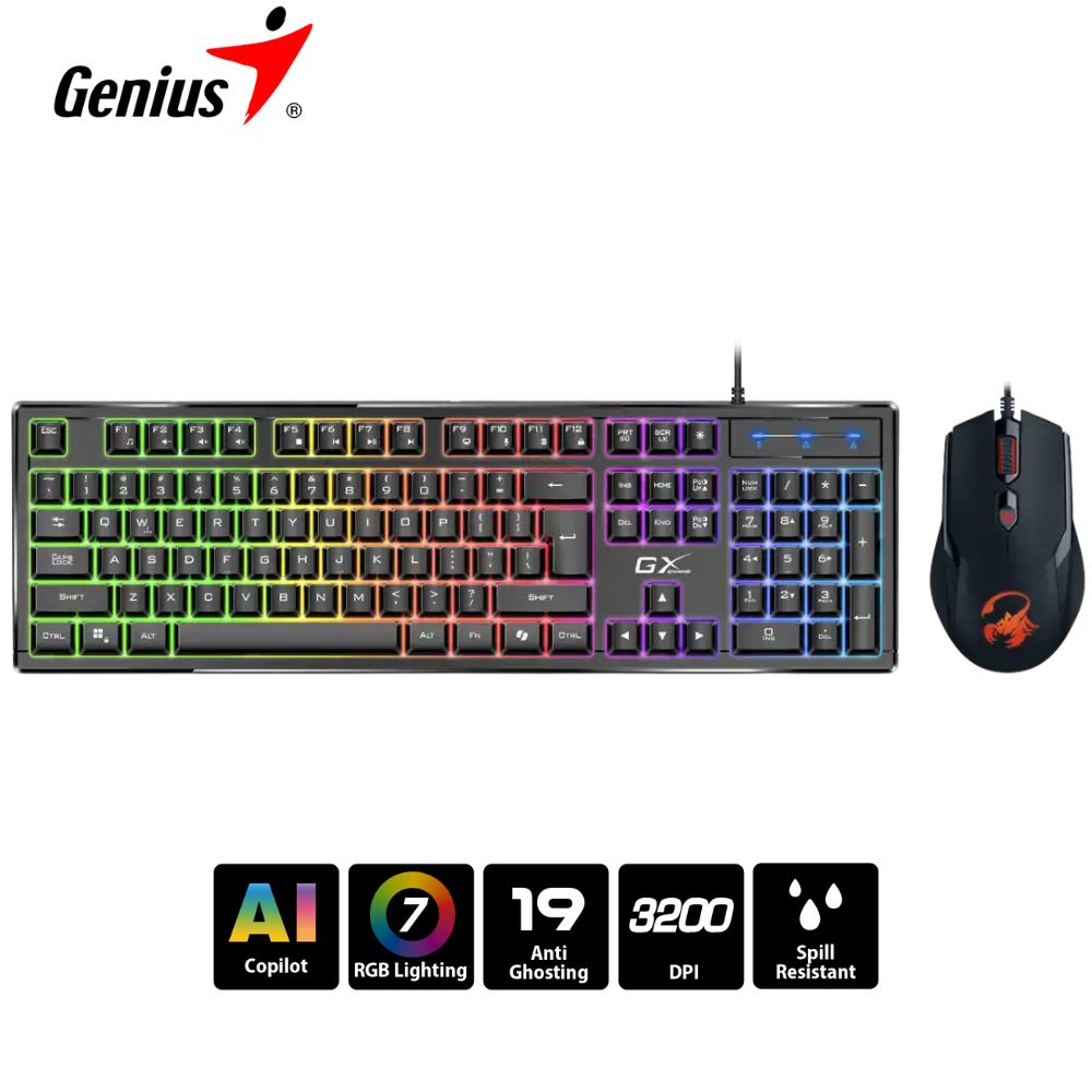 Teclado Genius + Mouse GX Scorpion KM-GX6 AI Copilot Gaming RGB 19 Teclas Anti-Ghosting 3200DPI Black