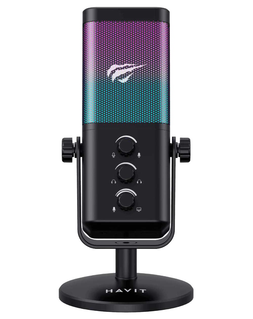 Micrófono Havit GK65, Cardioide, RGB, Black, USB.