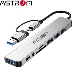 [AST-MH2381] Hub USB 3.0 Astrom MH2381, 1Port Type-c, 1Port 3.0, 4Ports 2.0, SD+mSD, y Audio.